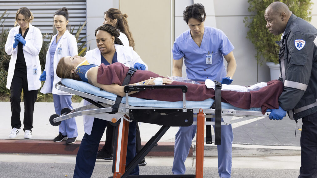 Kate Walsh as Addison, Chandra Wilson as Bailey, and Harry Shum Jr. as Kwan in Grey's Anatomy Season 19 Episode 12