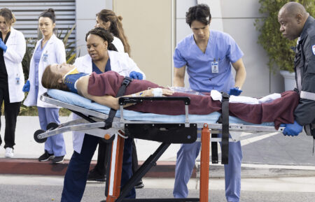 Kate Walsh as Addison, Chandra Wilson as Bailey, and Harry Shum Jr. as Kwan in Grey's Anatomy Season 19 Episode 12