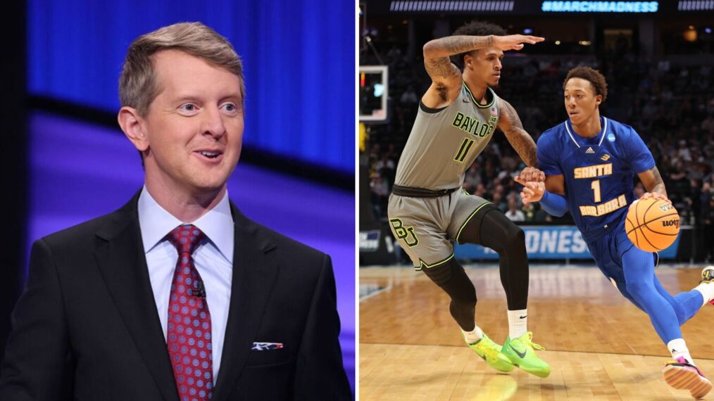 Ken Jennings on 'Jeopardy!' (L); March Madness 2023 game (R)