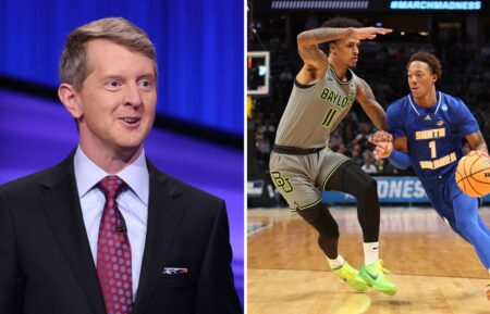 Ken Jennings on 'Jeopardy!' (L); March Madness 2023 game (R)