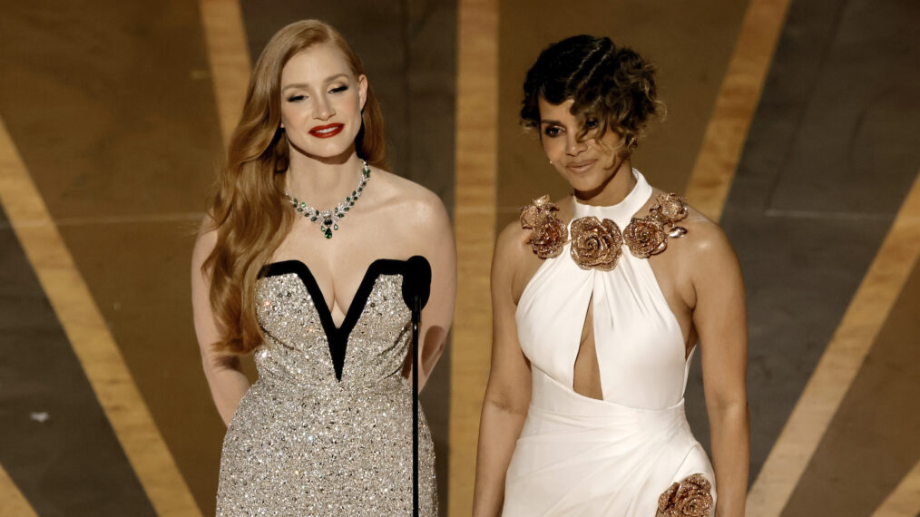 Jessica Chastain and Halle Berry speak onstage during the 95th Annual Academy Awards