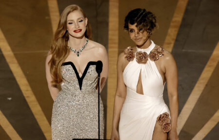Jessica Chastain and Halle Berry speak onstage during the 95th Annual Academy Awards