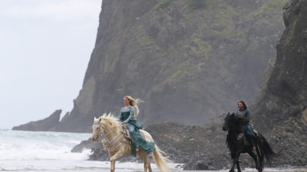 Morfydd Clark and Lloyd Owen in The Rings of Power