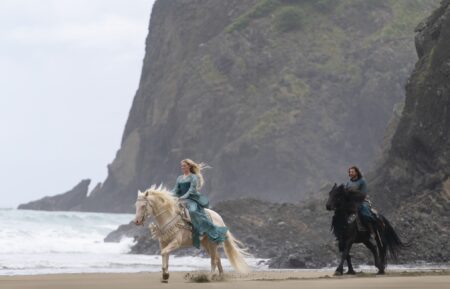 Morfydd Clark and Lloyd Owen in The Rings of Power