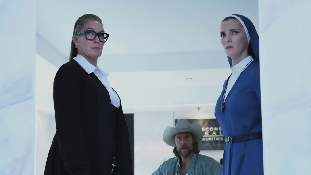 Elizabeth Marvel, Jake McDorman, and Betty Gilpin in 'Mrs. Davis'