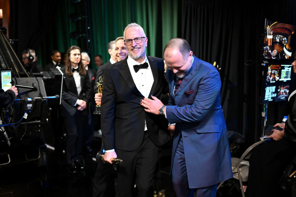 Mark Taylor and James H. Mather react to their Best Sound award backstage at the 2023 Oscars