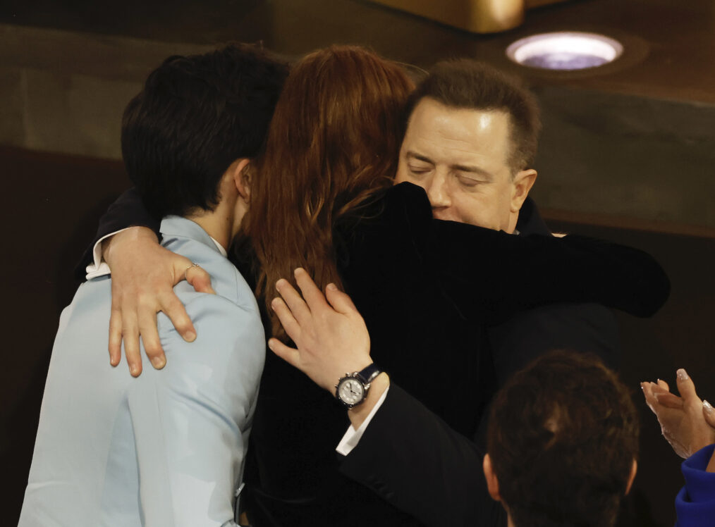 Brendan Fraser hugs his sons while accepting the award for Best Actor at the 2023 Oscars