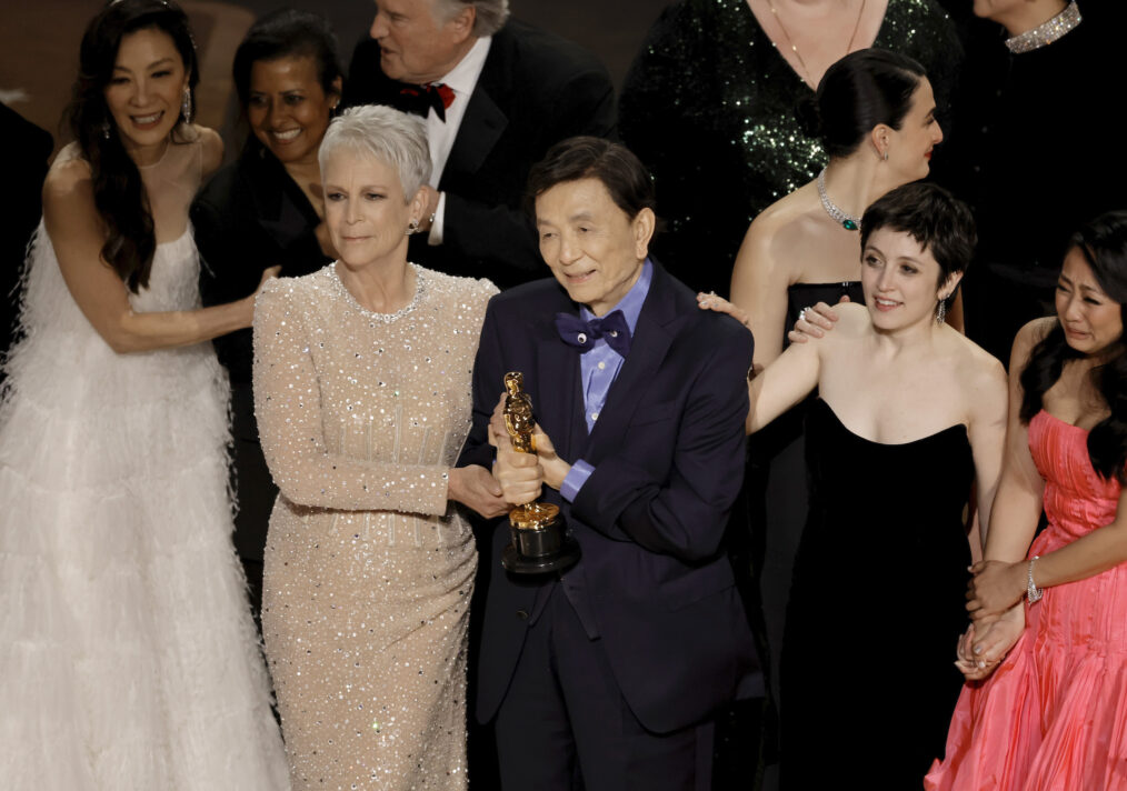 Michelle Yeoh, Theresa Steele Page, Jamie Lee Curtis, James Hong, Tallie Medel and Stephanie Hsu accept the award for Best Picture at the 2023 Oscars