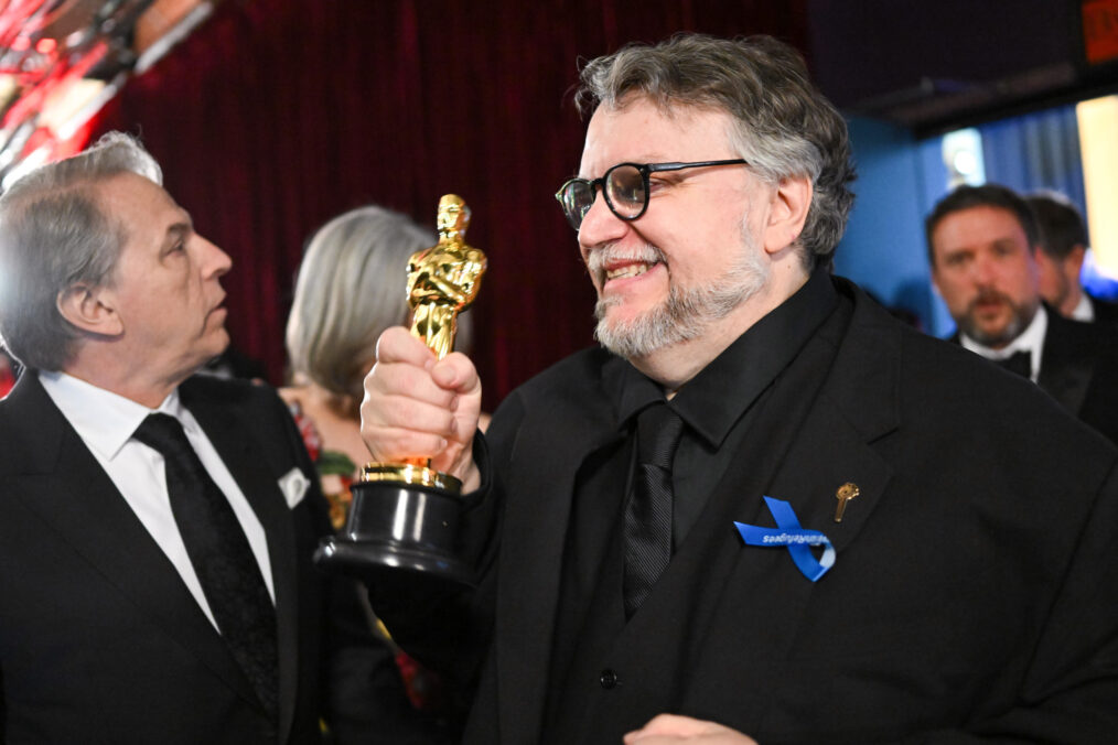 Guillermo del Toro smiles with his Oscar for Best Animated Feature at the 2023 Oscars