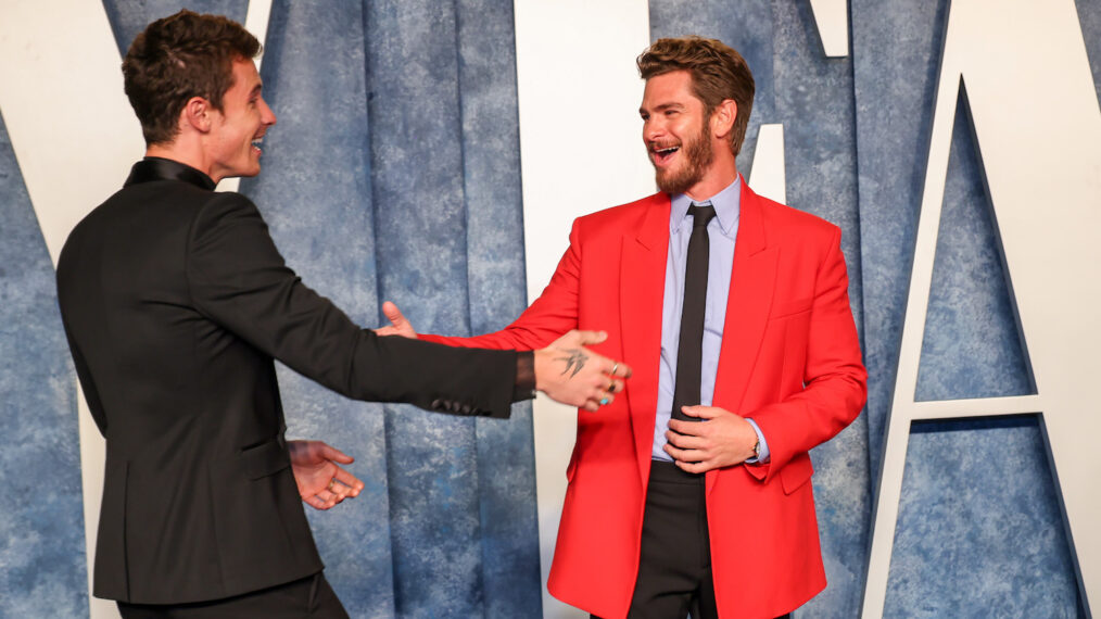 Shawn Mendes and Andrew Garfield attend the 2023 Vanity Fair Oscar Party