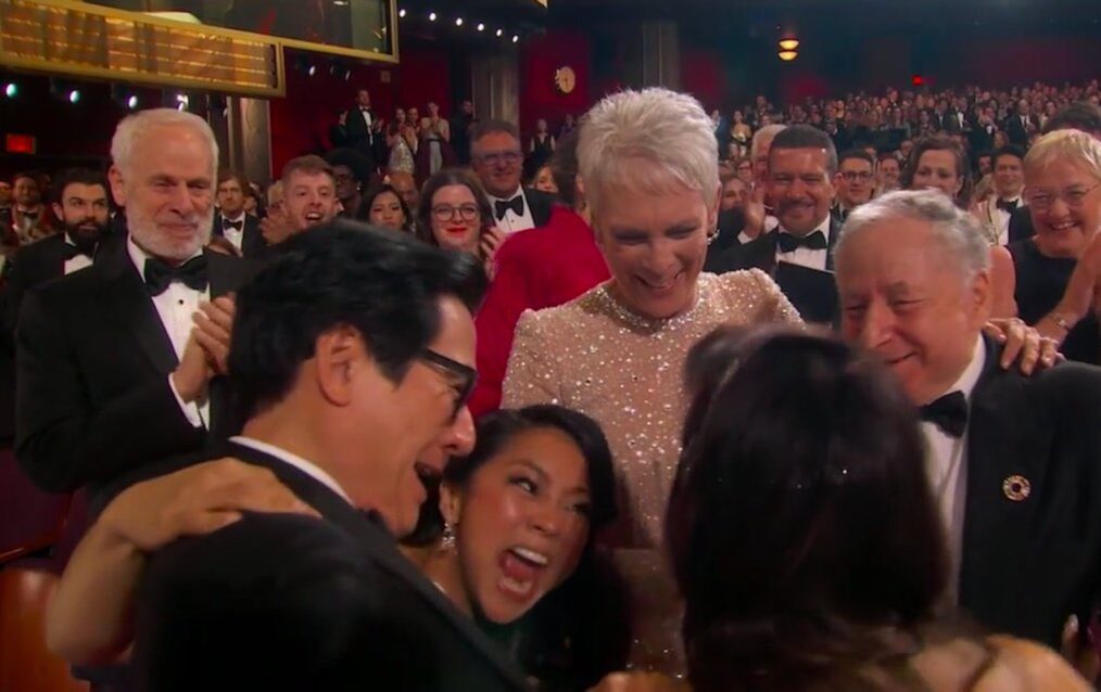 Stephanie Hsu, Ke Huy Quan, and Jamie Lee Curtis react to Michelle Yeoh's Best Actress win at 2023 Oscars