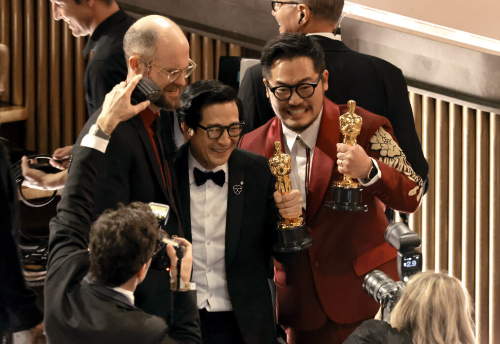 Daniel Scheinert, Daniel Kwan and Ke Huy Quan react to The Daniels winning Best Directing at the 2023 Oscars