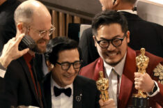 Daniel Scheinert, Daniel Kwan and Ke Huy Quan react to The Daniels winning Best Directing at the 2023 Oscars