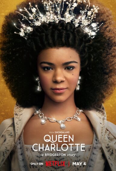 India Amarteifo as Queen Charlotte in the key art for 'Queen Charlotte: A Bridgerton Story'