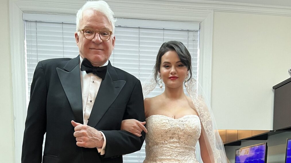 Steve Martin and Selena Gomez behind the scenes of Only Murders in the Building