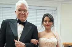 Steve Martin and Selena Gomez behind the scenes of Only Murders in the Building