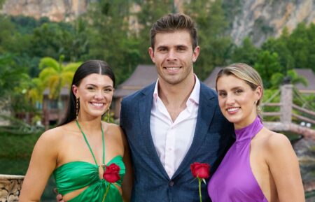 Zach Shallcross with finalists Gabi and Kaity on The Bachelor