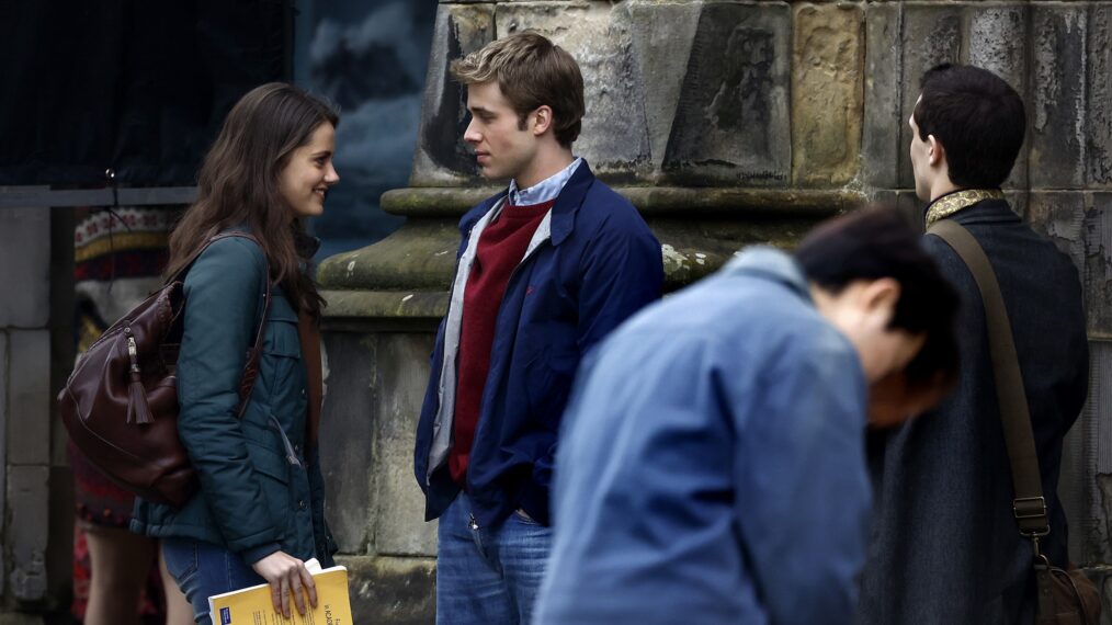 Meg Bellamy and Ed McVey as Kate Middleton and Prince William on the set of 'The Crown'