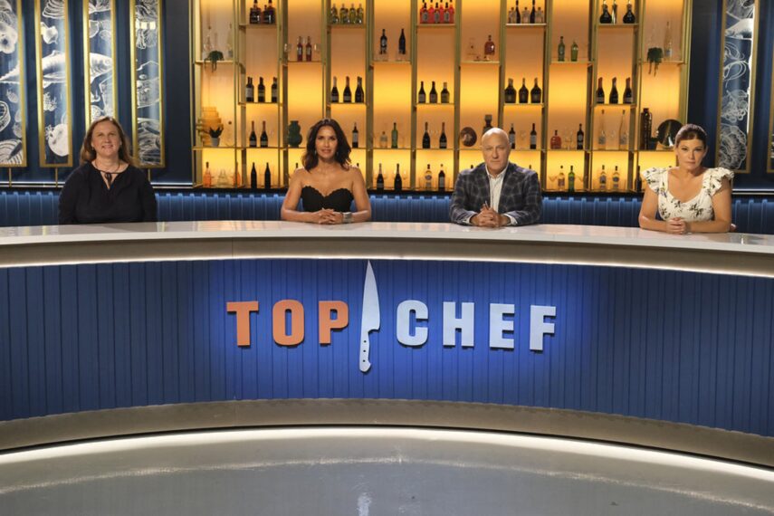 Angela Harnett, Padma Lakshmi, Tom Colicchio and Gail Simmons in 'Top Chef'.