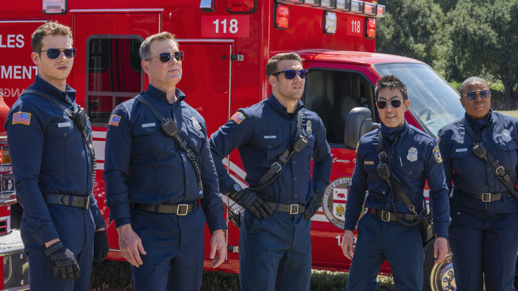 Oliver Stark, Peter Krause, Ryan Guzman, Kenneth Choi and Aisha Hinds in '9-1-1'