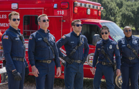 Oliver Stark, Peter Krause, Ryan Guzman, Kenneth Choi and Aisha Hinds in '9-1-1'