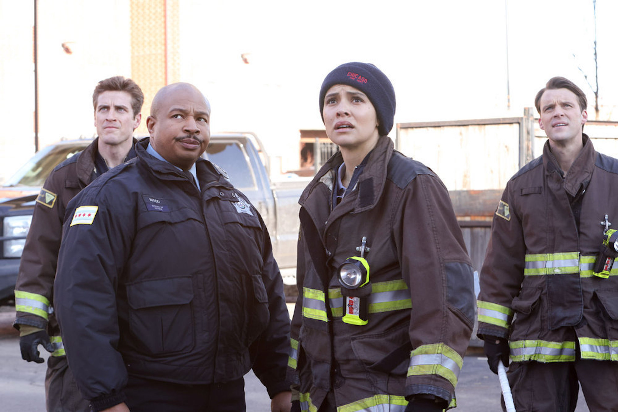 Jake Lockett, Miranda Rae Mayo, and Jesse Spencer in 'Chicago Fire'