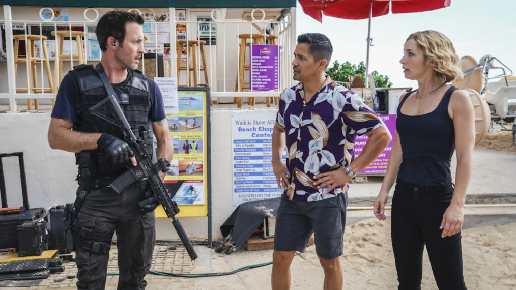 Alex O'Loughlin, Jay Hernandez, and Perdita Weeks in a 'Hawaii Five-0' and 'Magnum P.I.' crossover.