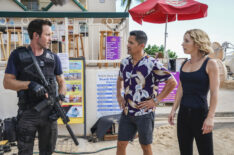 Alex O'Loughlin, Jay Hernandez, and Perdita Weeks in a 'Hawaii Five-0' and 'Magnum P.I.' crossover.
