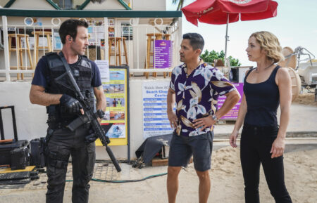 Alex O'Loughlin, Jay Hernandez, and Perdita Weeks in a 'Hawaii Five-0' and 'Magnum P.I.' crossover.