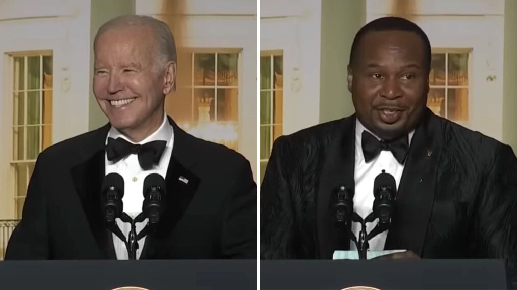 President Joe Biden and host Roy Wood Jr. at the 2023 White House Correspondents Association Dinner