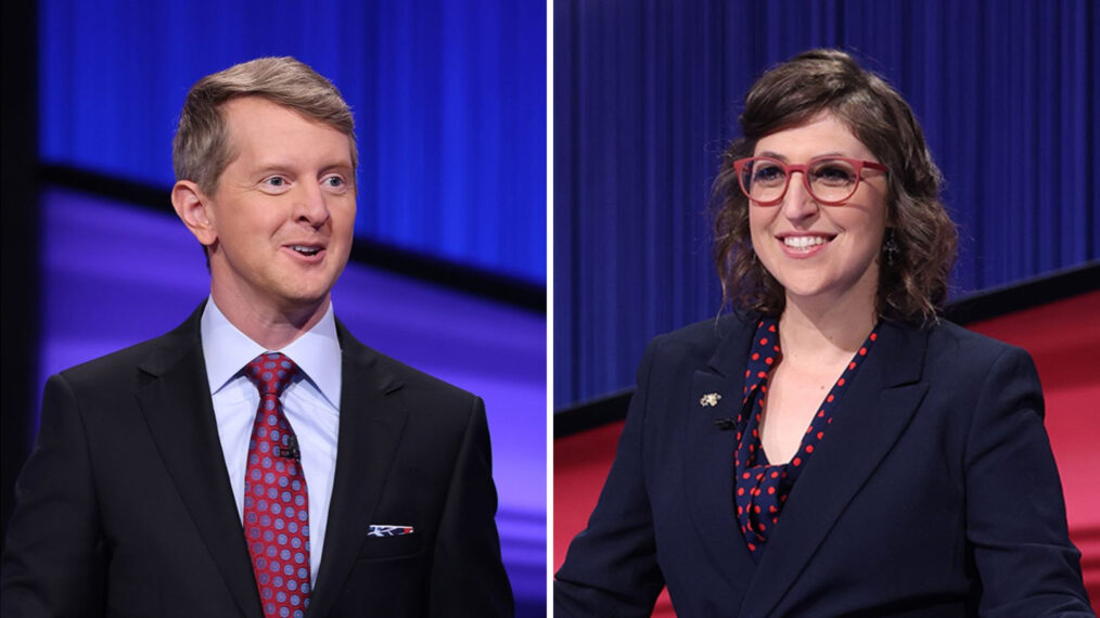 Ken Jennings and Mayim Bialik hosting Jeopardy!