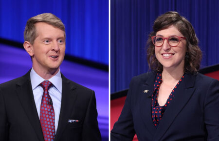 Ken Jennings and Mayim Bialik hosting Jeopardy!