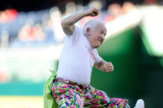 Leslie Jordan celebrates after throwing the first pitch at Chicago Cubs vs. Washington Nationals game on June 14, 2016 in DC