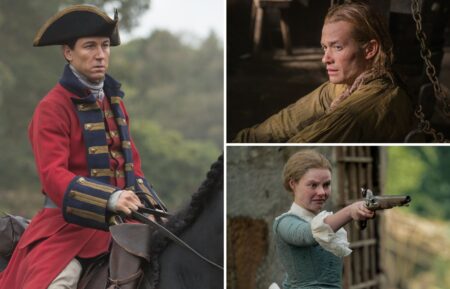 Tobias Menzies as Black Jack Randlall, Ed Speleers as Stephen Bonnet, and Nell Hudson as Laoghaire MacKenzie in 'Outlander'