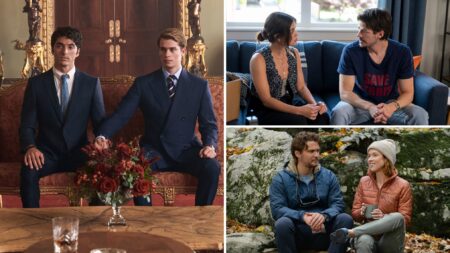 Taylor Zakhar Perez and Nicholas Galitzine in 'Red White & Royal Blue,' Lucy Hale and Grant Gustin in 'Puppy Love,' and Luke Grimes and Ellie Kemper in 'Happiness for Beginners'