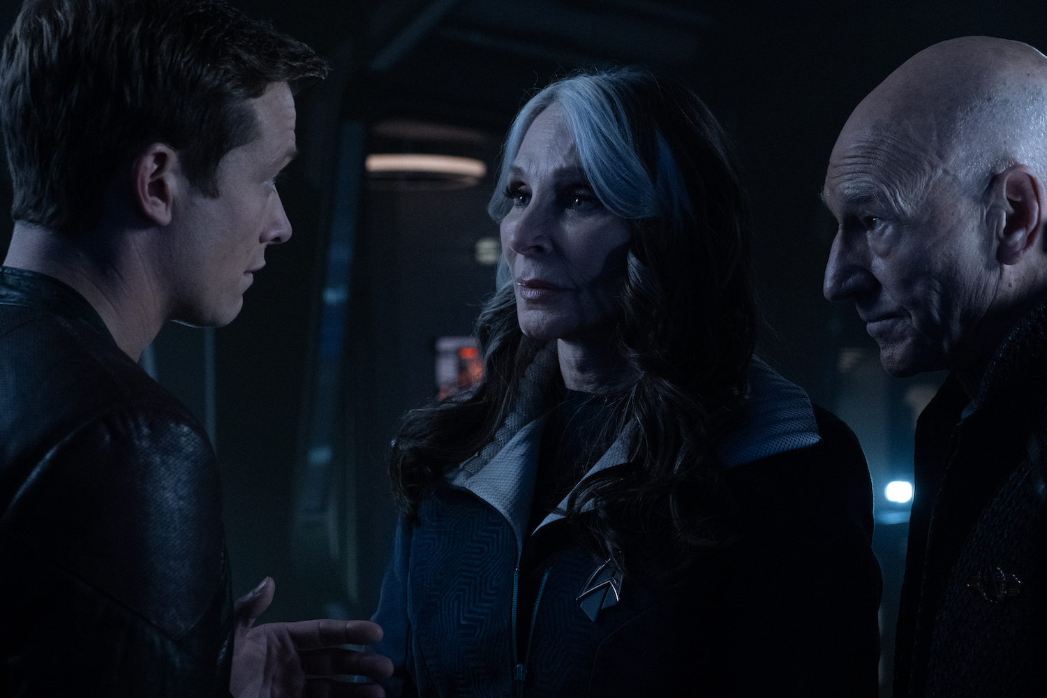 Ed Speleers, Gates McFadden, and Patrick Stewart in 'Star Trek: Picard'