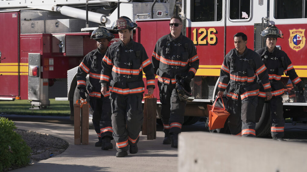 Brian Michael Smith, Rob Lowe, Jim Parrack, Julian Works and Natacha Karam in '9-1-1: Lone Star'