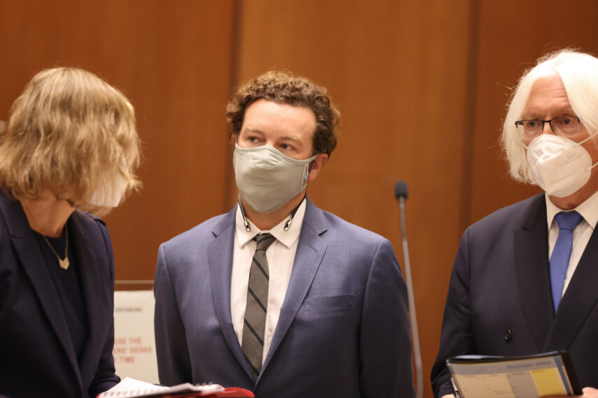 LOS ANGELES, CA - SEPTEMBER 18: Actor Danny Masterson stands with his lawyers Thomas Mesereau and Sharon Appelbaum as he is arraigned on rape charges at Clara Shortridge Foltz Criminal Justice Center on September 18, 2020 in Los Angeles, California. Masterson has been charged with forcibly raping three women on separate occasions between 2001 and 2003. (Photo by 