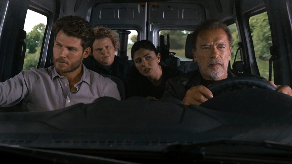 Travis Van Winkle as Aldon Reece, Fortune Feimster as Roo Russell, Monica Barbaro as Emma Brunner, Arnold Schwarzenegger as Luke Brunner in episode 107 of Fubar