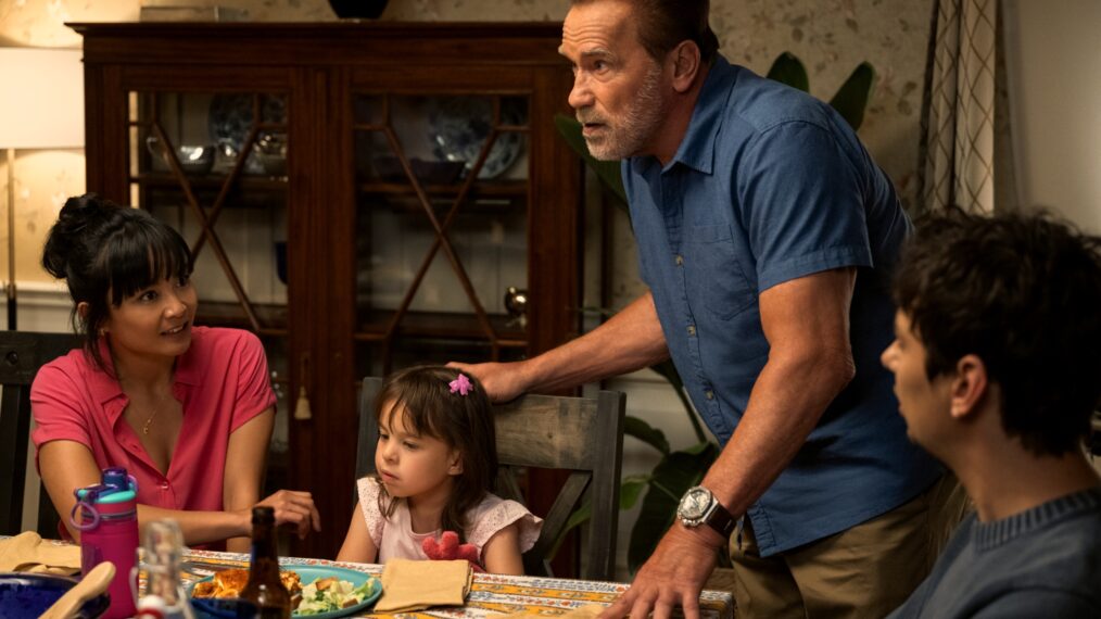 Stephanie Sy as Sandy Yoon, Rachel Lynch as Romi, Arnold Schwarzenegger as Luke Brunner, Devon Bostick as Oscar Brunner in episode 102 of Fubar.