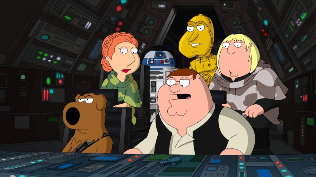 FAMILY GUY, (from left): Chewbacca/Brian Griffin, Princess Leia/Lois Griffin, R2D2/Cleveland Brown, Han Solo/Peter Griffin, C-3PO/Glenn Quagmire, Luke Skywalker/Chris Griffin, 'Episode VI: It's A Trap', (Season 9, ep. 918, airing May 22, 2011), 1999-. TM and Copyright © 20th Century Fox Film Corp. All rights reserved.