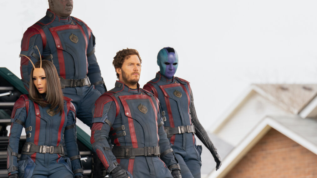 The Guardians of the Galaxy Vol. 3 - Pom Klementieff as Mantis, Dave Bautista as Drax, Chris Pratt as Peter Quill/Star-Lord, and Karen Gillan as Nebula in Marvel Studios' Guardians of the Galaxy Vol. 3. Photo by Jessica Miglio. © 2023 MARVEL.