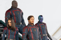 The Guardians of the Galaxy Vol. 3 - Pom Klementieff as Mantis, Dave Bautista as Drax, Chris Pratt as Peter Quill/Star-Lord, and Karen Gillan as Nebula in Marvel Studios' Guardians of the Galaxy Vol. 3. Photo by Jessica Miglio. © 2023 MARVEL.