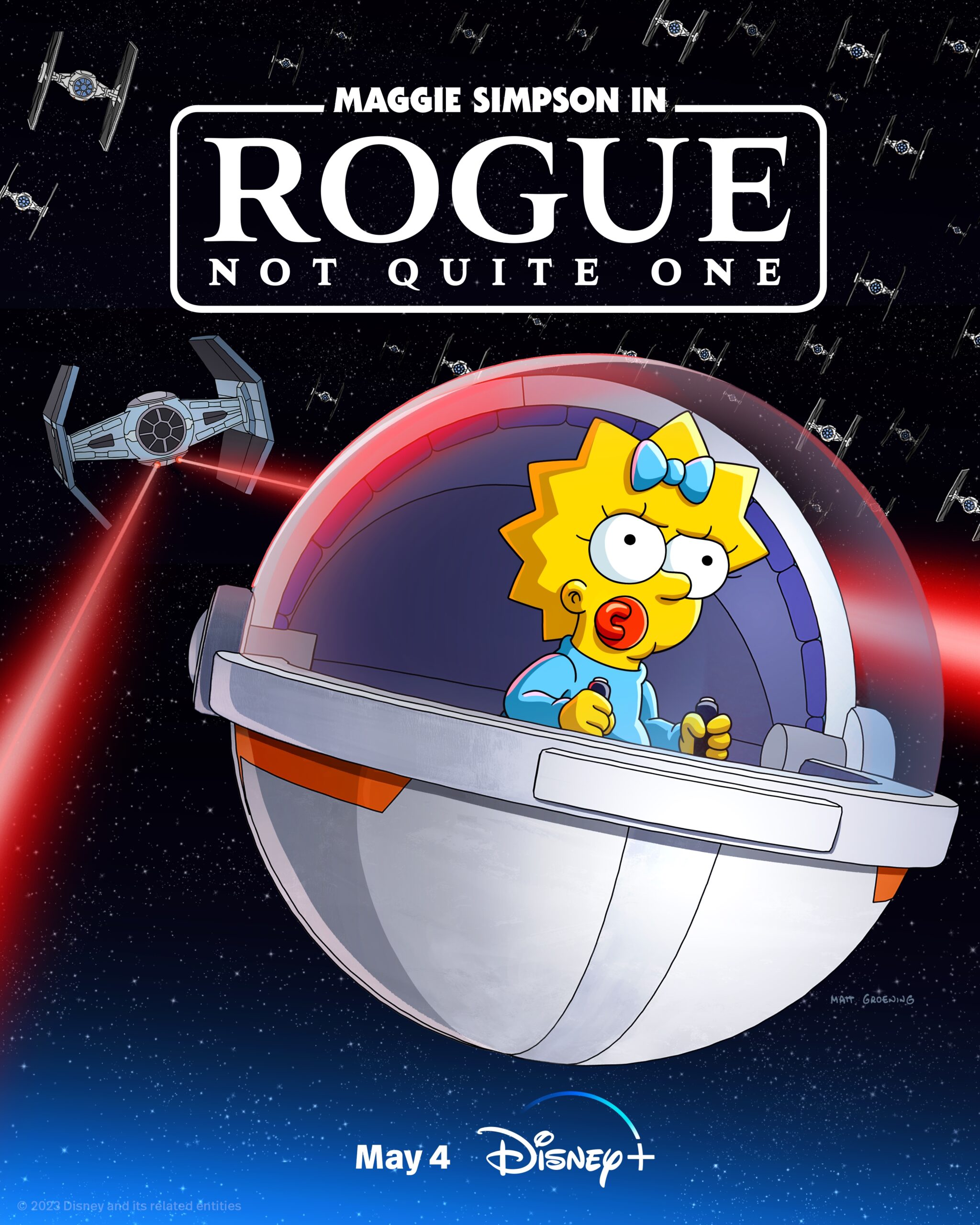 On their way to daycare, Homer loses track of Maggie who hops in Grogu’s hovering pram for a hyperspace-hopping adventure across the galaxy. Facing a squadron of Imperial TIE fighters, Maggie brings the battle to Springfield in this epic short celebrating all things Star Wars.