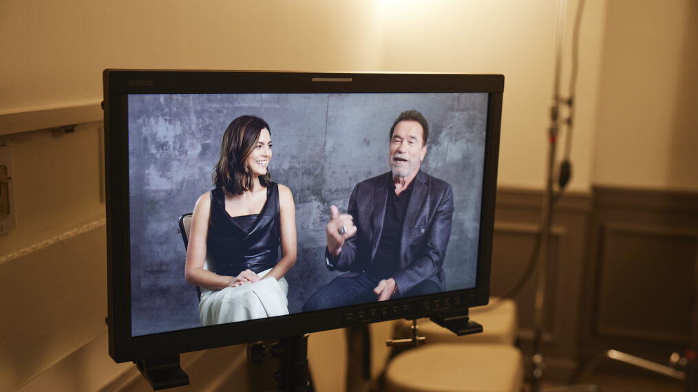 Monica Barbaro and Arnold Schwarzenegger behind the scenes of 'FUBAR' shoot