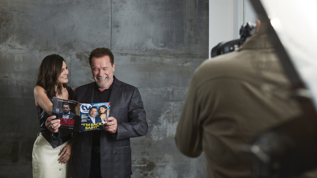 Monica Barbaro and Arnold Schwarzenegger behind the scenes of 'FUBAR' shoot with TV Insider Magazine
