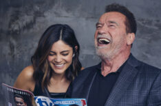 Monica Barbaro and Arnold Schwarzenegger at the 'FUBAR' shoot with TV Insider Magazine