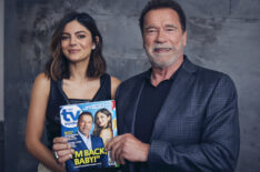 Monica Barbaro and Arnold Schwarzenegger at the 'FUBAR' shoot with TV Insider Magazine