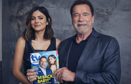 Monica Barbaro and Arnold Schwarzenegger at the 'FUBAR' shoot with TV Insider Magazine