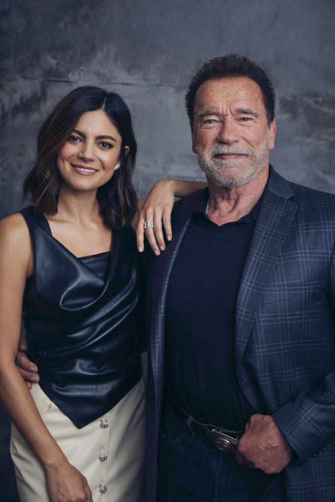 Monica Barbaro and Arnold Schwarzenegger at the 'FUBAR' shoot